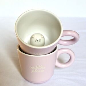 Set of 2 Pink Hema Cat Coffee Tea Mugs Cuddles Please Ceramic Cute Kawaii